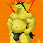 anthro anthrofied bulge clothed clothing grin jock male muscular muscular_male nipples pokemorph smile solo speedo speedo_only swimwear topless topless_male yetsu nintendo pokemon generation_2_pokemon pokemon_(species) typhlosion absurd_res hi_res