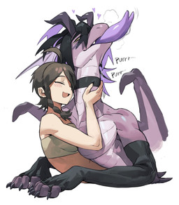 2_horns alternate_species anthro black_hair blush bodily_fluids choker claws clothing duo female female_on_anthro fin fingerless_gloves forked_tongue furrification gloves hair handwear head_fin heart_symbol horn hug human_on_anthro interspecies jewelry long_neck male male/female male_on_human membrane_(anatomy) membranous_wings necklace purple_body purple_scales purple_tongue saliva scales sharp_teeth smile sweat teeth tongue tongue_out wings yellow_eyes telson mythology nintendo pokemon juliana_(pokemon) kieran_(pokemon) dragon human mammal mythological_creature mythological_scalie scalie hi_res
