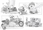 anthro backpack biped dot_eyes duo eating feral food group motorcycle open_mouth plant running scared simple_eyes sitting tree vehicle vending_machine ryo_yambe avian bird chicken domestic_cat felid feline felis galliform gallus_(genus) mammal mouse murid murine phasianid rodent 2023 hi_res