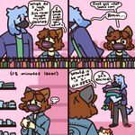 anthro blue_body blue_fur brown_hair clothed clothing duo fur hair simple_background text katlovesshrimp bramble_(katlovesshrimp) canid canine canis domestic_cat domestic_dog felid feline felis mammal 1:1 comic english_text