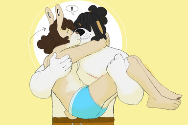 accessory anthro arms_around_neck black_hair blush brown_hair carrying_another chest_tuft claws clothed clothing dreadlocks duo ear_piercing exclamation_point eyebrows finger_claws fireman's_carry flesh_tunnel floppy_ears fur gauged_ear green_eyes hair hair_accessory hair_over_eye hair_over_eyes hair_ring hug kissing male male_anthro pawpads piercing simple_background stocky swimming_trunks swimwear tail tan_body tan_fur toe_claws topless topless_anthro topless_male tuft underwear visibly_trans whisker_spots white_body white_fur yellow_background p_rindustries anton_(p_rindustries) wynn_(p_rindustries) canid canine canis domestic_dog herding_dog lagomorph leporid mammal pastoral_dog rabbit sheepdog 2022 3:2 hi_res trans_(lore) trans_man_(lore)