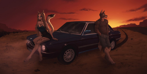 4_toes anthro black_nose blue_eyes breasts brown_body brown_fur brown_hair car claws clothed clothing cloud detailed_background digitigrade duo feet female fluffy fluffy_tail fur green_eyes hair looking_at_viewer male multicolored_body multicolored_fur muscular muscular_anthro muscular_male open_mouth open_smile outside paws sitting sky smile sunset tail tattoo toe_claws toes two_tone_body two_tone_fur vehicle white_body white_fur catherinemeow bmw canid canine canis domestic_cat domestic_dog felid feline felis mammal 2017 digital_media_(artwork)