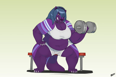 accessory anthro bench blue_hair breasts clothed clothing dumbbell exercise female fur furrowed_eyebrows hair hair_accessory hairband long_hair motion_lines one_eye_obstructed pointy_ears prick_ears purple_body purple_fur sitting solo tail teeth weightlifting weights workout workout_clothing bangabear absurd_res full-length_portrait hi_res portrait shaded soft_shading