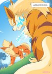 2020 absurd_res alpha_(mating_season) arcanine blue_fire bodily_fluids canid canine colored_fire comic delta_(mating_season) english_text feral fire generation_1_pokemon group growlithe hi_res male mammal nikkibunn nintendo pokemon pokemon_(species) sweat text