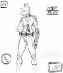 anthro armor bangs belt boots breasts buckle clothing cybernetic_arm cybernetic_limb cybernetics elbow_pads eyebrows female footwear gloves gun hair handgun handwear knee_pads long_ears machine neck_protection padding pistol pouches ranged_weapon red_dot_sight shoes silencer simple_background solo spiky_hair stare tactical_belt thick_thighs utility_belt weapon wide_hips harpseal nyline_rebod canid canine canis dobermann domestic_dog mammal pinscher 2017 greyscale hi_res monochrome