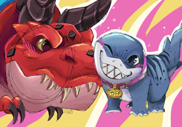 anthro blue_body blush cheek_to_cheek collar duo feral horn male red_body red_scales scales sharp_teeth size_difference smile teeth hometownunova marvel marvel_rivals moon_girl_and_devil_dinosaur devil_dinosaur_(moon_girl_and_devil_dinosaur) jeff_the_land_shark aquatic dinosaur fish prehistoric_species reptile scalie shark absurd_res hi_res