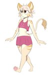 anthro arm_tuft bottomwear brown_eyes cat_stockings clothing crop_top elbow_tuft eyebrow_through_hair eyebrows femboy flamboyant fur hair male pink_bottomwear pink_clothing pink_crop_top pink_shirt pink_skirt pink_topwear pose shirt simple_background skirt small_waist solo tail tail_tuft tan_body tan_fur tan_stripes thick_thighs topwear translucent translucent_hair tuft white_background white_body white_fur mangoyena finn_(itsjay) felid feline lion mammal pantherine hi_res pinup