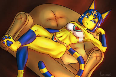 abs anthro armpit_fetish blue_eyes blue_hair bra breasts butt claws clothed clothed_anthro clothing collarbone decoration ears_up evening feet female foot_fetish fur furniture gold_(metal) hair headgear headwear inside light long_ears muscular muscular_arms muscular_female muscular_legs muscular_thighs navel outline panties pawpads pillow short_hair sitting small_breasts sofa solo striped_body striped_fur stripes sunlight swimwear tail underwear yellow_body kotani kotanifur animal_crossing nintendo ankha_(animal_crossing) felid feline mammal 3:2 hi_res lighting