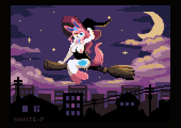 anthro anthrofied black_corset bottomless bouncing_breasts bouncing_penis breasts broom broom_riding building cleaning_tool clothed clothing cloud crescent_moon detailed_background eyes_closed flying fur genitals gynomorph hand_on_hat hat headgear headwear holidays intersex legwear looking_at_viewer moon multicolored_body multicolored_fur penis pink_body pink_ears pink_fur pink_penis pink_tail pokemorph presenting presenting_penis sky solo star tail witch_costume witch_hat nante-p halloween nintendo pokemon eeveelution generation_6_pokemon pokemon_(species) sylveon animated digital_media_(artwork) frame_by_frame pixel_(artwork) pixel_animation