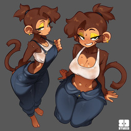 anthro big_breasts bodily_fluids bra breasts brown_body brown_fur brown_hair clothed clothed_female clothing ear_piercing ear_ring eyeshadow female fur hair looking_at_viewer makeup midriff nipple_outline overalls piercing ponytail ring_piercing smile solo sports_bra sweat underwear wide_hips yellow_eyeshadow deusv_(artist) haplorhine mammal monkey primate 1:1
