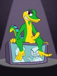 anthro balls electronics erection foreskin genitals green_body green_scales male multicolored_body nude penis scales solo spotlight television tight_foreskin darkajugin 4chan gex_(series) gex_the_gecko gecko lizard reptile scalie 3:4 absurd_res hi_res