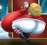 2023 anthro big_breasts big_butt blues64 blush boots boss_monster_(undertale) bovid breasts butt caprine christmas clothing dress female floppy_ears footwear goat hi_res high_heeled_boots high_heels holding_sack holidays horn huge_breasts huge_butt huge_thighs hyper hyper_breasts hyper_butt hyper_hips hyper_thighs leggings legwear looking_back mammal marauder6272 open_mouth purple_eyes sack solo thick_thighs toriel undertale undertale_(series) white_body wide_hips