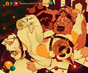 anthro ball_gag barbell_piercing bdsm black_body black_fur blindfold brown_body brown_fur butt christmas_clothing christmas_headwear christmas_tree clothing fellatio fur gag group group_sex harness hat headgear headwear high-angle_view holidays human_to_anthro leather leather_harness list male male/male male_anthro nipple_fetish nipple_piercing nipple_play nipple_suck nipples open_mouth open_smile oral ornament paper pen penile penis_in_mouth piercing plant santa_hat sex short_tail smile species_transformation sucking tail text transformation transformation_through_sex tree white_body white_fur yellow_body yellow_fur chocolateandmilk christmas richard_wiggleton canid canine canis domestic_dog herding_dog mammal pastoral_dog welsh_corgi 2025 colored digital_drawing_(artwork) digital_media_(artwork) english_description hi_res url