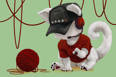 ball_of_yarn black_clothing black_hat black_headwear claws clothed clothed_feral clothing electronics faceless_character feral fur furgonomics green_background hat headgear headphones headset headwear pawpads red_clothing red_shirt red_topwear shirt simple_background sitting solo topwear white_body white_fur yarn empty-b mister_metokur domestic_cat felid feline felis mammal