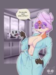 anthro bathrobe clothing coffee_cup container cup eyewear female glasses robe solo towel towel_on_head reset01 cuphead_(game) cuphead_(character) canid canine fox mammal absurd_res hi_res