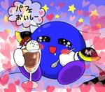 blue_body blush bodily_fluids cape clothing crescent_moon cutlery dessert drooling eyes_closed food gradient_background happy heart_symbol kitchen_utensils male moon not_furry open_mouth parfait_(dessert) saliva simple_background solo spoon star text tools pixiv_id_14796165 kirby_(series) nintendo meta_knight alien waddling_head 2016 japanese_description japanese_text translation_request