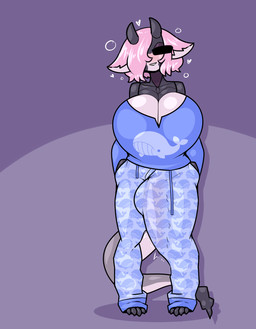 anthro big_breasts bottomwear breasts bulge cleavage clothed clothed_anthro clothed_gynomorph clothed_intersex clothing detailed_bulge genital_outline gynomorph hair horn huge_breasts intersex pajamas pants pattern_bottomwear pattern_clothing pattern_pajama_bottoms pattern_pajama_pants pattern_pants penis_outline pink_hair sadwhale solo tail limebreaker mythology dragon mythological_creature mythological_scalie scalie hi_res