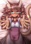 5_fingers :< accessory anthro bed blue_eyes blush breasts brown_body brown_ears brown_fur brown_hair brown_tail choker clothed clothing cute_fangs dress ear_piercing embarrassed fangs female female_anthro fingers fur furgonomics furniture hair hair_accessory imminent_hug inner_ear_fluff jewelry kemono long_hair looking_aside lying necklace on_back on_bed piercing small_breasts solo spread_arms tail tail_accessory teeth tuft horokusa0519 gundam gundam_build_divers_re:rise maiya_(gundam_build_divers_re:rise) domestic_cat felid feline felis mammal 2019 hi_res portrait three-quarter_portrait