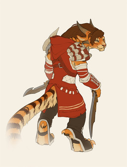 ambiguous_gender anthro armor biped bone claws clothed clothing dagger digitigrade fur horn looking_at_viewer looking_back melee_weapon multi_ear simple_background solo standing stripes teeth weapon white_background yellow_eyes snowskau guild_wars vera_strikepaw_(fuzzikayu) charr felid mammal 2015 digital_media_(artwork) hi_res