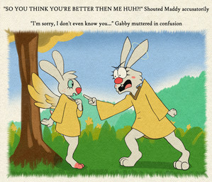 angry anthro blush blush_stickers clothing duo eyelashes female freckled_face freckles gesture hand_gesture long_eyelashes outside pointing robe robe_only shocked text marcodile angel_hare the_east_patch angel_gabby angel_maddy angel lagomorph leporid mammal rabbit english_text hi_res