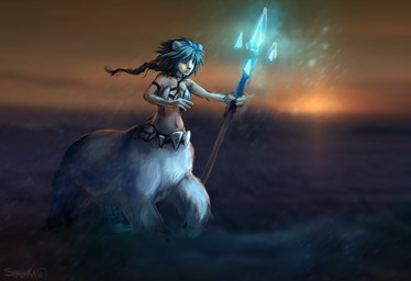 armband armor belt belt_pouch bikini_armor black_nose braided_hair breasts day detailed_background female fur glowing hair navel orange_sky outside sky snow snowing solo staff standing sunset unconvincing_armor white_body white_fur shalinka bear mammal polar_bear taur ursine