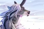 anthro black_hair blue_hair chest_tuft fur grey_body grey_fur grin hair highlights_(coloring) horn looking_at_viewer male mane multicolored_hair orange_eyes pale_eyes pink_hair scar sharp_teeth smile snow solo stripes teeth tuft white_body white_fur white_hair almee mythology grasht equid equine mammal mythological_creature mythological_equine nyxie unicorn 2017 bust_portrait digital_media_(artwork) light_theme portrait