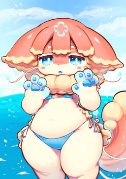 ambiguous_gender anthro beach big_ears bikini blue_bikini blue_clothing blue_eyes blue_pawpads blue_swimwear cheek_markings clothing cloud facial_markings floral_markings forehead_markings front_view head_markings long_tail looking_at_viewer markings outside pawpads paws raised_paw sea sky smile solo standing swimwear tail thick_thighs two-piece_swimsuit water wide_hips kemopudding jellidog absurd_res hi_res