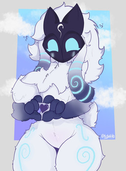anthro big_breasts blue_eyes bodily_fluids border breasts cloud empty_eyes eyelashes female flying_sweatdrops fur gesture heart_gesture looking_at_viewer mask naturally_censored nipple_tuft solo standing sweat sweatdrop thick_thighs tuft white_body white_border white_fur wide_hips salchikokokoko league_of_legends riot_games tencent kindred_(lol) bovid caprine mammal hi_res