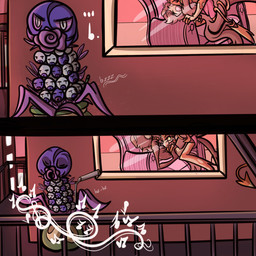 4_eyes 4_fingers anthro apartment apartment_building background_sex balcony being_watched blue_eyes buzzing camera carnivorous_plant duo eyebrows eyes_closed feather_hair feathers fingers furniture gift_bow glass grey_body grey_feathers hand_holding hidden_camera hiding kissing larger_sub looking_at_another lying male male/male markings multi_eye multicolored_body music musical_note musical_symbol nude offscreen_character on_back on_sofa on_top onomatopoeia out_of_focus outside plant plant_pot potted_plant pseudo_hair pupils purple_body purple_sclera red_body red_eyes singing size_difference slit_pupils sofa solo_focus sound_effects spade_tail spying striped_markings striped_tail stripes submissive symbol tail tail_coil tail_markings text window yellow_sclera this_colorful_abyss hellaverse helluva_boss blitzo_(helluva_boss) stolas_(helluva_boss) avian bird demon demon_humanoid humanoid imp owl owl_demon 1:1 comic hi_res