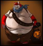 anthro barefoot belly belly_overhang big_belly biped black_border border canid canine canis chubby_cheeks claws clothed clothing cosplay domestic_dog feet fur grin halloween hi_res holding_object holidays husky male mammal midriff moobs naughty_dog navel neodokuro nordic_sled_dog obese obese_anthro obese_male orange_background overweight overweight_anthro overweight_male red_body red_fur scarf shez simple_background smile solo sony_corporation sony_interactive_entertainment spitz teeth thick_thighs toe_claws uncharted walking wide_hips