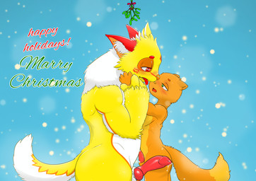 anthro belly big_belly bodily_fluids dripping duo genital_fluids genitals green_eyes hand_holding holidays kissing knot knotted_penis male male/male mane mistletoe penis penis_on_belly plant precum precum_drip red_ears red_eyes saliva saliva_string simple_background size_difference star text tongue tongue_out whiskers white_belly white_mane yellow_body focus_on_eyes munimuni christmas luzo pio_fairy_cat canid canine canis domestic_cat domestic_dog felid feline felis mammal hi_res