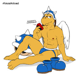3_toes abs anthro armor blue_shell blue_shell_(mario) bodily_fluids boots bulge clothed clothing detailed_bulge feet fingers footwear headgear helmet horn horned_helmet jockstrap jockstrap_only male muscular muscular_anthro muscular_male nipple_piercing nipples pecs piercing scales shell shoes simple_background sitting smile sniffing sniffing_clothes solo spikes spiny_shell_(mario_kart) tail text thick_thighs toes topless underwear underwear_only underwear_sniffing white_background wings yellow_body torinohito mario_bros mario_kart nintendo the_super_mario_bros_movie koopa_general_(tsmbm) koopa koopa_paratroopa koopa_troopa reptile scalie tortoise turtle 1:1 absurd_res english_text hi_res