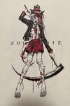 4_toes bandage bandaged_face bandaged_leg blood blood_on_hand blood_on_weapon bodily_fluids bottomwear clothing feet female hair holding_sickle jacket long_hair necktie red_eyes red_hair sickle skirt solo toes topwear weapon ffjjfjci humanoid 2021 hi_res traditional_media_(artwork)