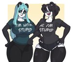 anthro big_breasts blue_eyes blue_hair breasts clothing couple_shirt duo female hair huge_breasts long_hair purple_eyes shirt short_hair text text_on_clothing text_on_shirt text_on_t-shirt text_on_topwear thick_thighs topwear wide_hips skecchiart i'm_with_stupid belinda_(skecchiart) vivian_vivi bear giant_panda mammal english_text