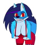 alternative_fashion anthro big_hair biped blue_body blue_fur blue_hair breasts clothing down_blouse dress female fur hair looking_at_viewer red_clothing red_dress red_eyes scene_(fashion) smile solo sparklefur alexandliberty zoophobia jayjay_(zoophobia) canid canine mammal 1:1 hi_res