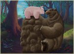abdominal_bulge ambiguous_gender blue_eyes blue_sky bodily_fluids brown_body brown_fur claws cloud detailed_background duo eye_contact feet feral feral_pred feral_prey forest forest_background frown fungus fur happy_birthday larger_pred looking_at_another multiple_prey mushroom nature nature_background nervous nude_pred october_(month) pink_body plant scared sitting size_difference sky sweat sweatdrop text tree vore bigbadbear big_bad_bear bear domestic_pig mammal suid suine sus_(pig) 2004 colored hi_res signature male_(lore)
