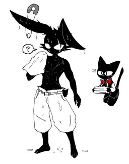 anthro barefoot big_breasts black_body black_clothing black_fur black_tail black_topwear black_vest blush bodily_fluids bottomwear bow_tie breasts cheek_tuft chest_scar cleavage clothed clothing duo eye_scar facial_scar facial_tuft feet female fur grey_bottomwear grey_clothing looking_at_viewer male male_anthro mouthless muscular muscular_anthro muscular_male question_mark red_bow_tie safety_pin safety_pin_in_ear scar shirt shorts sweat tail topless topless_anthro topless_male topwear towel tuft vest wet wet_body wet_fur white_bottomwear white_clothing white_shirt white_shorts white_topwear white_undershirt sabgong vincent_(sabgong) vingo_(sabgong) domestic_cat felid feline felis lagomorph leporid mammal rabbit