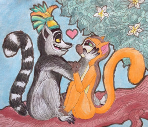 brown_eyes casual_nudity closed_smile countershading duo eye_contact eyelashes feet female flower fur green_eyes grey_body grey_fur hand_on_arm hand_on_cheek heart_symbol humanoid_hands looking_at_another love male male/female markings mouth_closed multicolored_body multicolored_fur nude nude_anthro nude_female nude_male open_mouth open_smile orange_body orange_fur plant prehensile_feet raised_tail romantic romantic_couple side_view sitting sky smile striped_markings striped_tail stripes tail tail_markings teeth toes tree white_body white_countershading yellow_sclera puku83 all_hail_king_julien dreamworks madagascar_(series) clover_(madagascar) king_julien crowned_lemur lemur mammal primate ring-tailed_lemur strepsirrhine 2016 english_description graphite_(artwork) painting_(artwork) traditional_media_(artwork) watercolor_(artwork)
