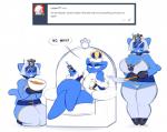 anthro belt big_breasts blue_body blue_fur breasts chair clothed clothing crossed_legs eyewear female food fur furniture group guard huge_breasts hypnosis hypnotic_visor legwear looking_at_viewer mind_control queen royalty short_stack sitting speech_bubble sunglasses text thick_thighs thigh_highs throne wide_hips averyshadydolphin kitty_(averyshadydolphin) sonya_(averyshadydolphin) domestic_cat felid feline felis mammal 2018 english_text hi_res