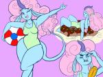 anthro brain_freeze clothed clothing dessert doughnut female floatie food inflatable looking_at_viewer one-piece_swimsuit open_mouth pastry simple_background solo swimwear decentperversion bo_cotton candicorn 4:3 hi_res