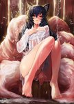 2016 ahri_(lol) animal_humanoid barefoot big_breasts black_hair blush breasts butt canid canid_humanoid canine clothed clothing covering covering_crotch dripping facial_markings feet female fox goomrrat hair head_markings humanoid league_of_legends long_hair looking_at_viewer mammal mammal_humanoid markings multi_tail partially_clothed ribbons riot_games shirt sitting solo tail tencent toes topwear translucent translucent_clothing translucent_shirt translucent_topwear underwear water wet wet_clothing wide_hips
