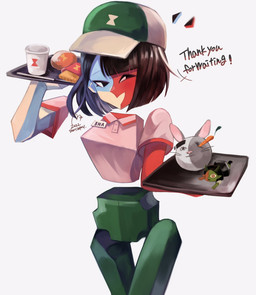 ambiguous_gender anime_style baseball_cap black_hair breasts carrot clothed clothing collared_shirt container cup female floating_arms floating_head floating_legs floating_limbs floating_torso food fries group hair hat headgear headwear micro multicolored_body name_tag not_furry open_mouth plant polo_shirt red_body shirt simple_background smile split_color text topwear tray trio two_tone_body vegetable waiter white_body usagimarumei ena:_dream_bbq ena_(series) ena_(web_series) ena_(dream_bbq) ena_(joel_g) moony_(ena) demon demon_humanoid ena_(species) humanoid lagomorph leporid living_moon mammal rabbit sphere_creature character_name digital_media_(artwork) hi_res