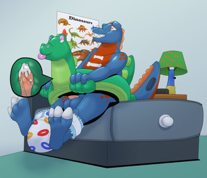anthro balls bedroom bodily_fluids clothed clothing diaper diaper_around_ankles ejaculation furniture furniture_lamp genital_fluids genitals happy holding_swim_ring inflatable inflatable_bed looking_pleasured looking_up male nightstand pattern_diaper penetration pool_toy pooltoy_penetration poster simple_background solo swim_ring swim_ring_with_face wearing_diaper wearing_swim_ring underwear-ninja leslie_(experiment626) animate_inanimate dinosaur living_inflatable prehistoric_species reptile saurischian scalie theropod tyrannosaurid tyrannosauroid tyrannosaurus tyrannosaurus_rex absurd_res hi_res