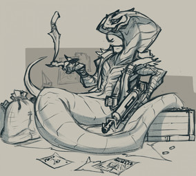 anthro apode biped claws clothing female finger_claws flat_chested forked_tongue gun holding_gun holding_object holding_ranged_weapon holding_weapon knife legless ranged_weapon serpentine snake_hood solo tongue tongue_out topwear vest weapon daltomizer deadlock_(game) valve vyper_(deadlock) draconcopode naga reptile scalie snake 2026 digital_media_(artwork) greyscale hi_res monochrome