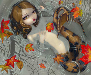 autumn breasts brown_hair brown_tail convenient_censorship covering covering_breasts eyebrows eyelashes female female_focus fin fish_tail hair legless lips long_hair lying makeup mermaid_tail navel not_furry nude on_back pale_skin plant pupils reflection scales solo split_form tail tree water wavy_hair young jasmine_becket-griffith humanoid humanoid_merfolk mammal marine merfolk formal_art painting_(artwork) signature traditional_media_(artwork) traditional_painting_(artwork) warm_colors
