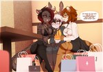 anthro antlers barefoot bedroom_eyes blush cleavage_cutout clothed clothing cropped_hoodie crossed_legs cutout dialogue dominant dominant_female feet female female_anthro femboy fighting_over_boy fully_clothed gentle_femdom girly/female group horn larger_female male mall mesh_top midriff narrowed_eyes seductive shopping_bag sitting size_difference smaller_male teasing teeth text re-sublimity-kun aster_faye malina_(athiesh) melis felid jackalope lagomorph mammal digital_media_(artwork) english_text shaded