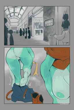 ambiguous_gender anthro areola biped blonde_hair boots bottomwear breasts butt clothed clothing clothing_store enhibitionism female fitting_room footwear fur genitals green_body group hair mall nipples pants shoes solo standing store tail text topless undressing vulva sincastermon my_hero_academia ippan_josei quirked_human_(my_hero_academia) comic hi_res japanese_text translated