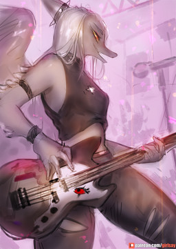 anthro bass_guitar bottomwear clothing electric_guitar electronics female guitar microphone midriff musical_instrument open_mouth pants patreon_logo plucked_string_instrument shirt solo string_instrument tank_top text topwear wings girlsay goodbye_volcano_high ko_op_(game_developer) patreon fang_(gvh) dinosaur prehistoric_species reptile scalie 2020 hi_res url nonbinary_(lore)