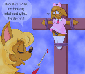 anthro blonde_hair blood bodily_fluids brown_body brown_fur brown_nose chasity christian_cross christian_symbol clothing cloud cloudy_background cloudy_sky cross crucifix crucifixion derp_eyes dialogue dress drooling duo female fur hair legwear lock pink_bow pink_clothing pink_dress politics red_liquid religion religious_symbol saliva satire scar sky skyscape surgical_suture syringe text thigh_highs underskirt white_clothing white_legwear white_thigh_highs young young_female saltypupcake christianity canid canine canis coyote mammal digital_media_(artwork) english_text hi_res