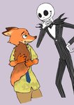 anthro bottomwear clothed clothing duo fully_clothed fur holding_tail looking_at_another male necktie nervous_smile orange_body orange_fur pants purple_background shirt simple_background suit tail topwear disney_kogaki disney the_nightmare_before_christmas zootopia jack_skellington nick_wilde canid canine fox mammal red_fox true_fox 2019 crossover